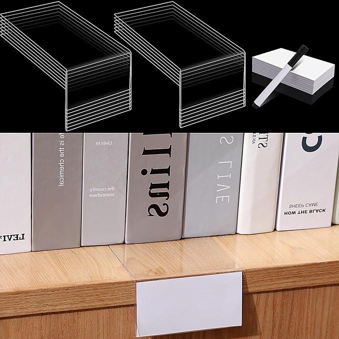 Containlol 60 Sets Moveable Shelf Label Display Holders with Label Inserts and Marker Clear Shelves Tag Plastic Shelf Markers Teachers Gift for Classroom Office Book Shelves(6.5 x 3 x 1.57 Inch)