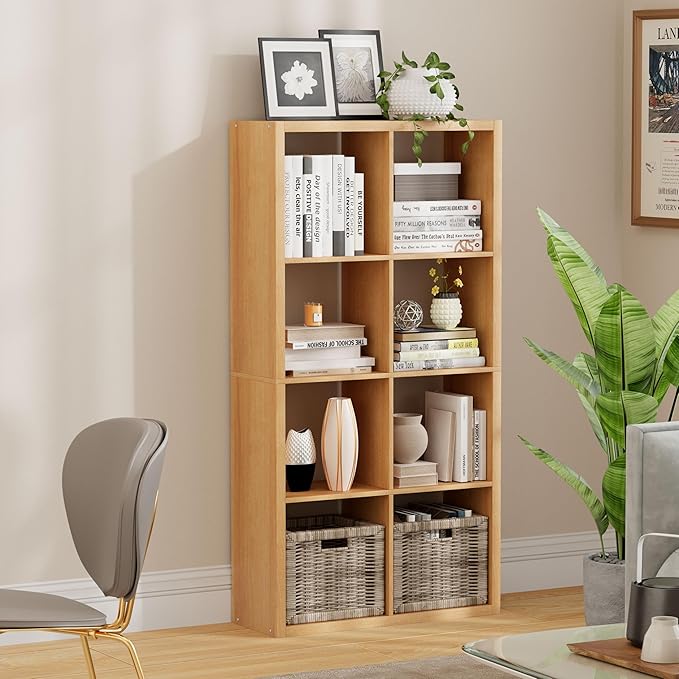 Jpiziso 8 Cube Storage Organizer, Cube Shelf with Heavy-Duty Thick Boards, 25.12" L x 9.37" W x 48.74" H, Smooth Easy-Clean Panels, Simple Assembly, for Living Room Bedroom Office, Natural-Oak