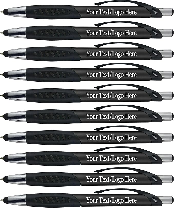 Personalized Pens With Custom Logo or Text-350 Pack Bulk-for Businesses, Parties, and Events, 2 in 1 Ballpoint Pen & Capacitive Stylus for Touchscreen Devices, Click Action, Black Ink, Black