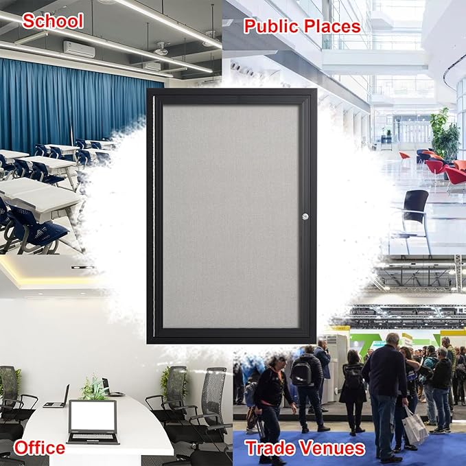 36×24 Inch Lockable Enclosed Bulletin Board, Weather-Resistant Outdoor Noticeboard with Locking Doors, Wall-Mounted Black Aluminum Frame & Grey Felt Presentation Board