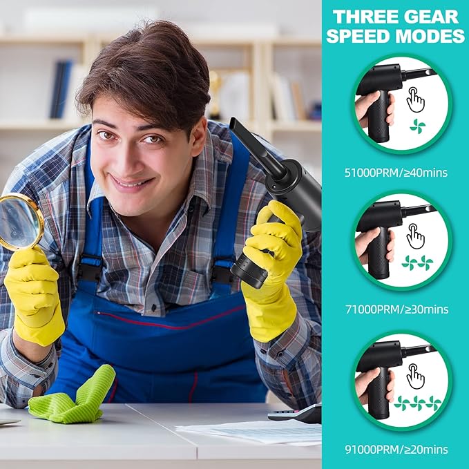 Compressed Air Duster, Keyboard Cleaner - Replace Compressed Canned Air - Portable Electric Air Duster Reusable Rechargeable Air Blower for Computer Keyboard Electronics Pet House, (91000RPM/7500mAh)