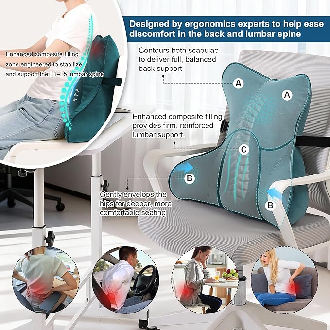 Ailuteie Lumbar Support Pillow(Pat. Pend) – Multi-Functional Ergonomic Back Cushion for Office Chair, Car Seat & Sofa, Reading Pillow with Firm Multi-Zone Support to Relieve Lower Back Pain,Slate Blue