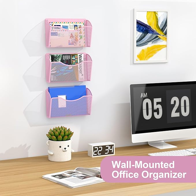 EasyPAG 3 Single Pocket Wall File Organizer, Mesh Hanging File Folder Organizer for Letter/A4 Size Folders, Wall Mounted Vertical Mail Holder for Paperwork, Office, Home, School, Pink