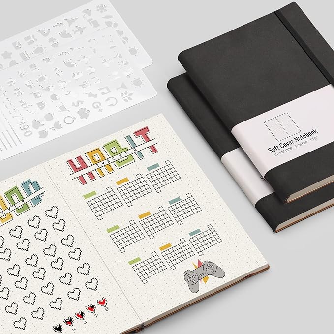 AHGXG Dotted Bullet Grid Journal 2 Pack - A5 Dot Grid Notebook Softcover, Medium 5.75'' × 8.38'', 320 Numbered Pages, 120gsm Thick Dotted Paper, Soft Leather Cover - Black