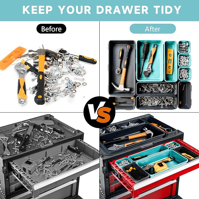 FLYVOLE Tool Box Organizer Tray, Toolbox Desk Drawer Organizer, Tool Box Tray, Toolbox Organization Storage for Rolling Tool Chest (60PCS (Blue+Black))