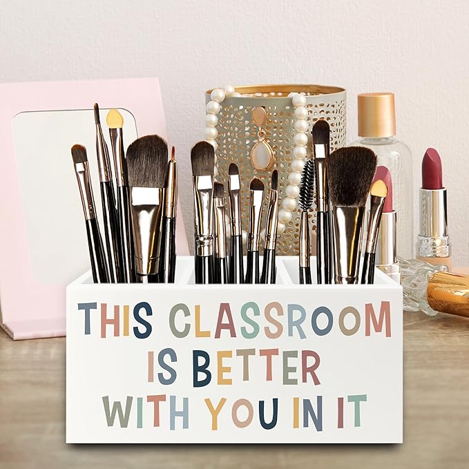 QZQE Boho Classroom Pen Pencil Holder Organizer for Desk, This Classroom Is Better With You in It Wooden Box Signs Decorations for Home Office Desk Tabletop, Back to School Supplies