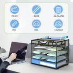 Docnest 5 Tier Mesh Desk Organizer- Letter Tray with Adjustable Compartments, Mesh Desktop Storage Built in Pen Holder and Handles, Desk Organizer Tray for Mail Documents Office Supplies-Black