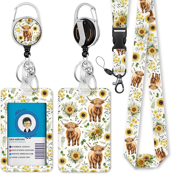 Giancomics Highland Cow Lanyards for Id Badges, Sunflower ID Badge Holder with Retractable Reel, Teacher Lanyard with Keychain Key Clip Carabiner Name Tag Card Holder Protector Office Women Gift