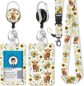 Giancomics Highland Cow Lanyards for Id Badges, Sunflower ID Badge Holder with Retractable Reel, Teacher Lanyard with Keychain Key Clip Carabiner Name Tag Card Holder Protector Office Women Gift