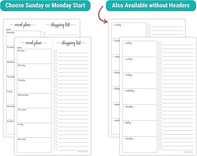321Done Meal Planning Notepad - Made in USA - Large Letter Size (8.5x11) Weekly Menu Planner Tear-Off Simple Shopping List Meals Groceries Grocery List Memo Pad - Perforated Sunday Start