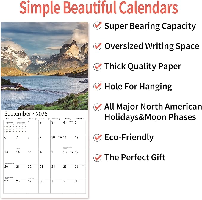 2026 Wall Calendar,14 Monthly Wall Calendar Beautiful World Nov. 2025 - Dec. 2026, 12" x 18.2" Opened,Full Page Months Thick Paper for Gift Calendar Organizing & Planning
