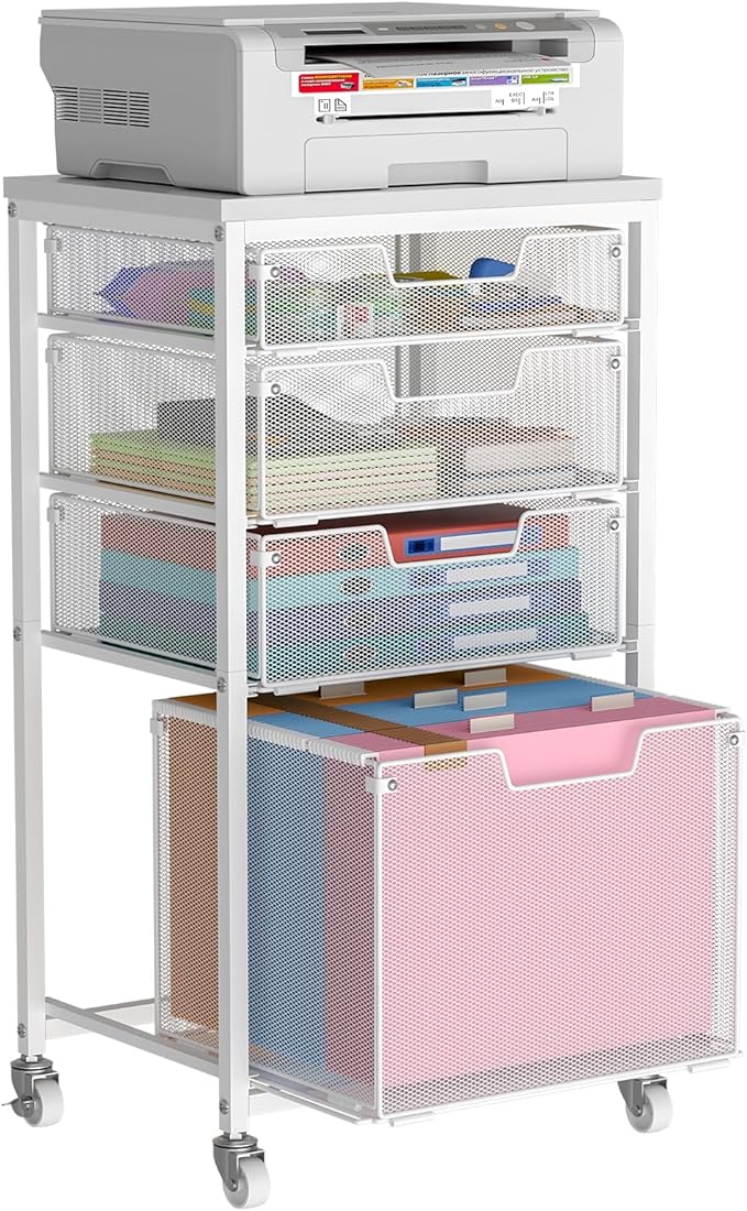 Sbanmao 4 Drawer Rolling File Cart with Wheels, Mobile Filing Cabinet for Home Office, Hanging File Organizer, Under Desk Storage, Multifunctional Utility Cart Printer Stand, White (Patent Pending)