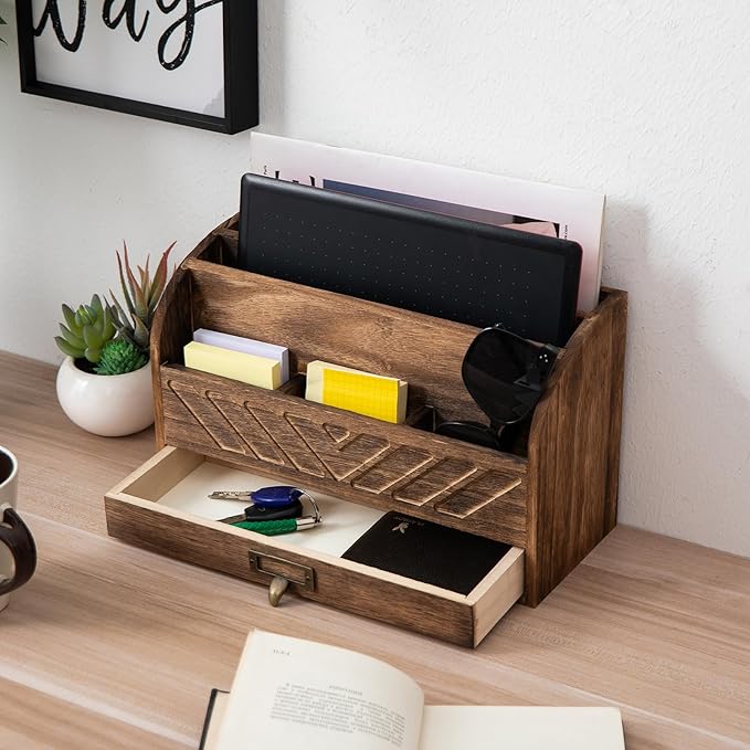 VERGOODR Solid Wooden Desk Drawer Organizer Desktop File Sorter,Desktop Mail Organizer with Handle For Office Supplies,Office Desk Accessories & Workspace Organizers for Home Organization (Brown)