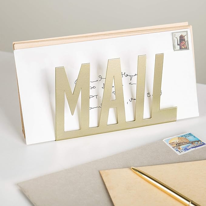 MyGift Mail Holder Organizer Countertop Modern Brass Metal with Cutout MAIL Lettering Design, Office Desktop Envelope and Document Storage Rack