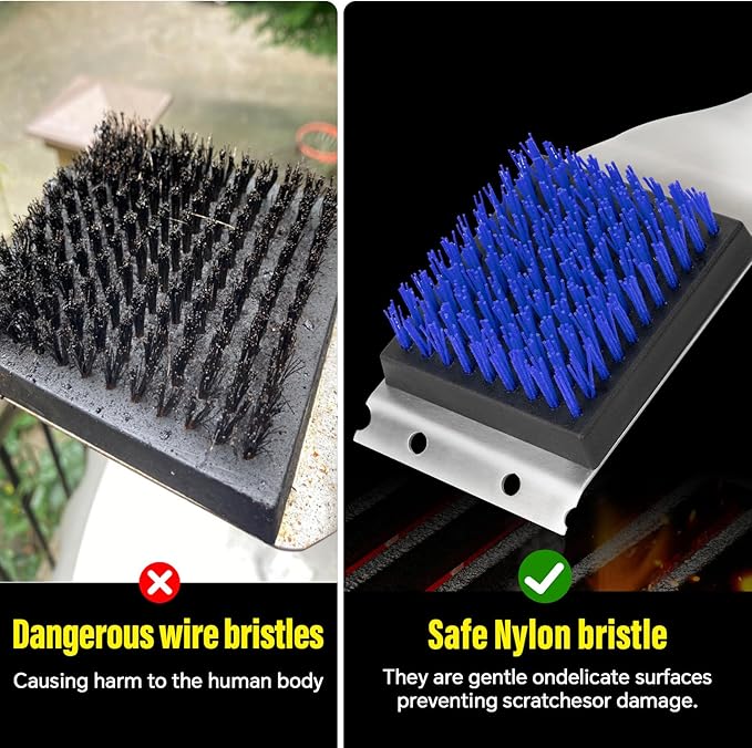 XUDAKAIXIN Grill Brush and Scraper, Dual Grip Design,Extra Strong BBQ Cleaner Accessories,Safe Nylon Bristles Barbecue Triple Scrubbers Cleaning Brush for Cast Iron Grates/Porcelain/Charcoal Grill