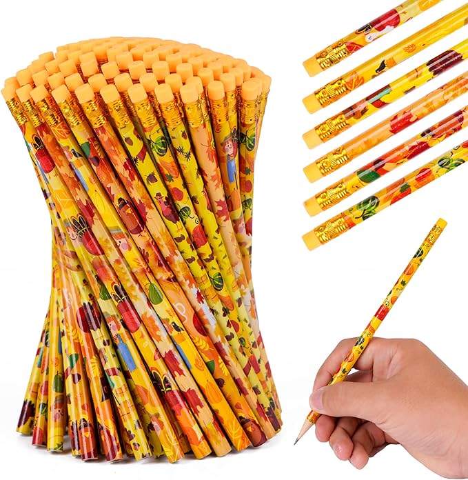 Kolewo4ever 100 Pieces Thanksgiving Pencils Assortment Cylinder Wood Pencil Maple Leaf Autumn Turkey Pencil For Thanksgiving Pumpkin Autumn Gift,6 Styles