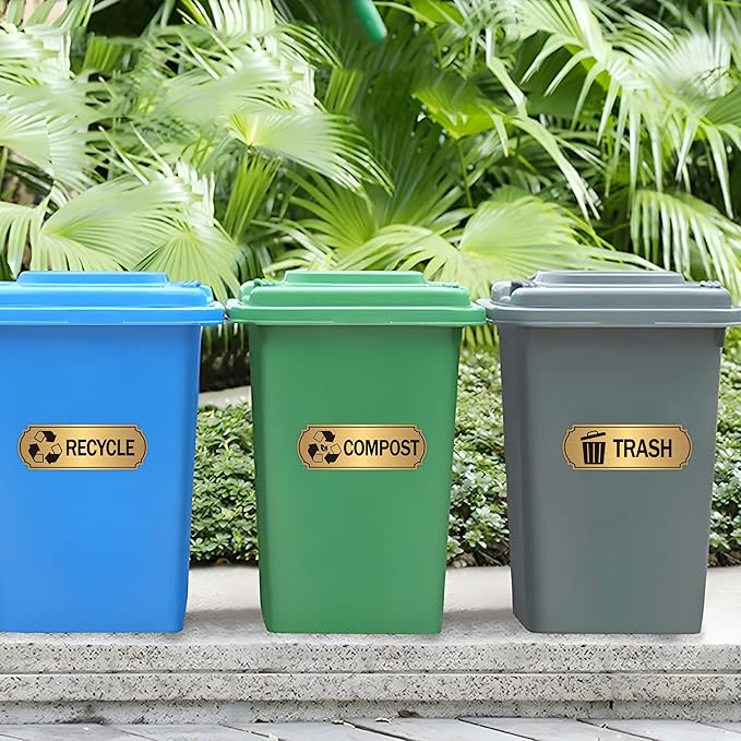 3PCS Recycle Stickers for Trash Bins, Self-Adhesive Waterproof Brushed Gold Trash Compost and Recycling Stickers for Trash Can, Kitchen, Office, Garbage Bin Indoor, Outdoor Use