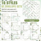 TaoBary 160 Pcs Stationery Paper Set 50 Double Sided Stationery Papers with 50 Matching Envelopes and 60 Round Dot Sticker, 10 Design(Eucalyptus,5.5 x 8.25 Inch)