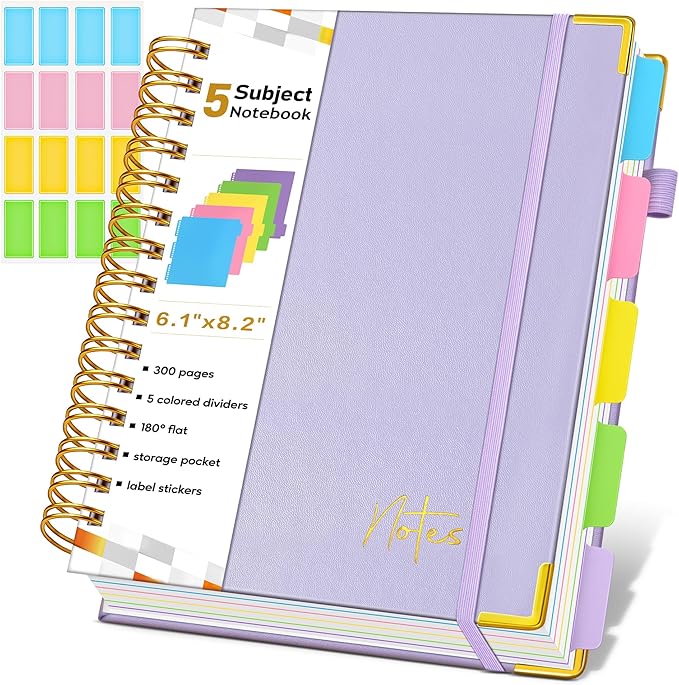 Spiral Notebook Journal with Removable Dividers Tabs, 300 Pages Hardcover Leather 5 Subject College Ruled Notebook, 6.1"x8.2" Large A5 Lined Journal for Women, Spiral Notebook for Work School, Purple