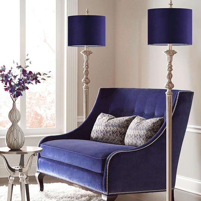 GO&SO Dark Blue Velvet Drum Lamp Shade Set of 2 Medium 13" Top x 13" Bottom x 10" High(Spider) Modern Lamp Shades for Table Lamps & Bedside Lamp Replacement Lampshade Required Assembly