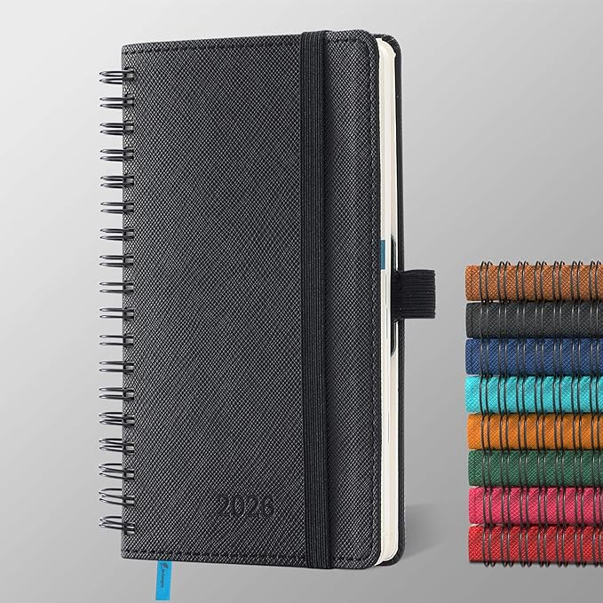 IN-LUXPRO Planner 2026 Daily Weekly and Monthly,6.5"x3.75",12 Months Spiral Bound Calendar Agenda with Self-adhesive Pen Holder,2026 Appointment Book with Vegan Leather Soft Cover,Black