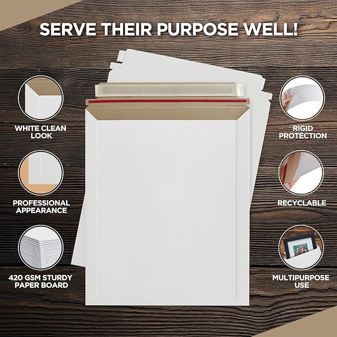 100 Pack Rigid Mailers 9x12 inches – Self Adhesive White Photo Mailers Large– Mailing Supplies for Documents, Photos, CDs, Magazines, and Literature