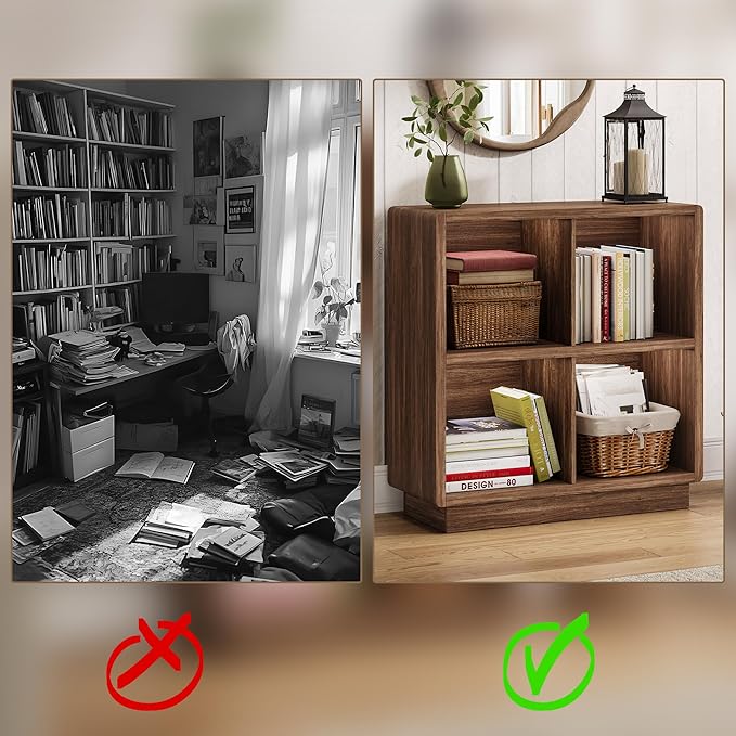 ChooChoo 4 Cube Storage Organizer, Wooden Bookcase with Storage, Cube Storage Bookshelf for Bedroom and Home Office, Brown Walnut
