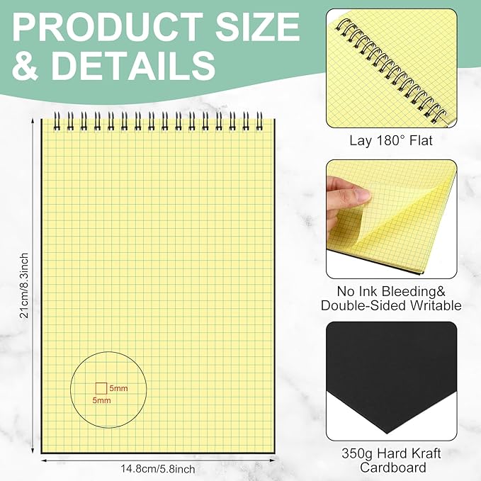 Engrowtic 2 Pack Graph Paper Spiral Notepad A5 Top Wirebound Notepad Grid Notebook Steno Pads Memo Notebook Grid Paper 140 Pages for Writing Sketching Drawing Office Supplies (Black (internal Yellow))