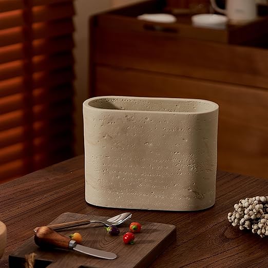Natural Travertine Textures Mini Trash Can, Small Counter Rectangle Trash Can for Bathroom Kitchen Table Desk, Tiny Waste Basket for Vanity - Silicone Pad Anti Scratch, Non-Slip (Made of Resin)