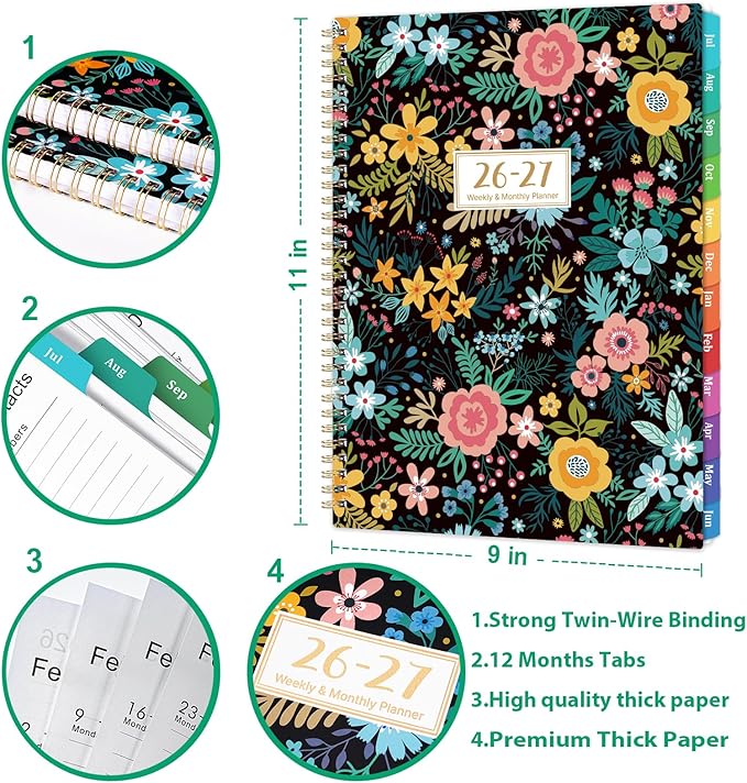 Planner 2026-2027 - 9" x 11",Academic Planner 2026-2027, JUL.2026 - JUN.2027, Weekly and Monthly Planning with Monthly Tabs, Back Pocket + Thick Paper + Twin-Wire Binding