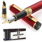 Dryden Designs Fountain Pen - Medium and Fine Nibs | Includes 24 Ink Cartridges and Ink Refill Converter | Calligraphy Pen, Consistent Writing, Smooth Look - Royal Red