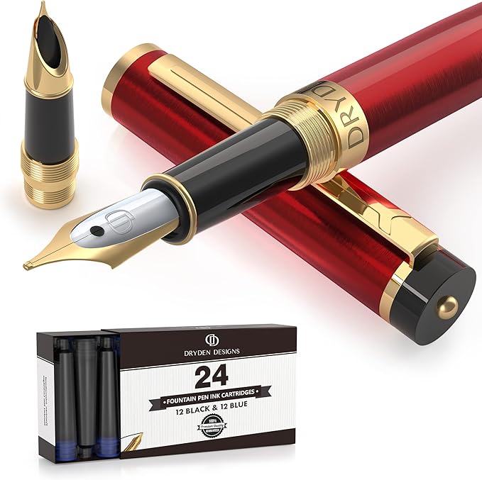 Dryden Designs Fountain Pen - Medium and Fine Nibs | Includes 24 Ink Cartridges and Ink Refill Converter | Calligraphy Pen, Consistent Writing, Smooth Look - Royal Red