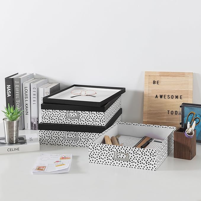 Soul & Lane Decorative Storage Boxes With Lids, Set of 3 Nesting Black and White Letter and Document Box Set for Photos, Scrapbooks, Keepsakes (Whimsical Triangles)