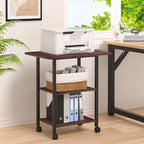 Lerliuo 3-Tier Printer Stand, Industrial Mobile Printer Table with Storage Shelf and Steel Frame, Rolling Printer Cart Holder with Lockable Wheels for Home, Office (Walnut)