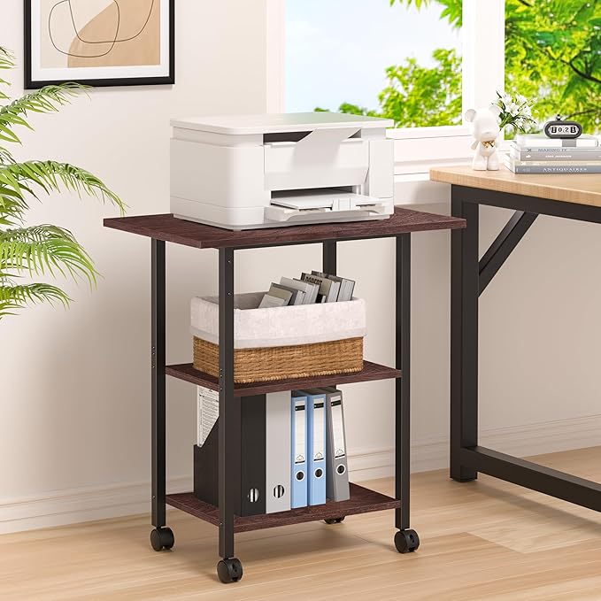 Lerliuo 3-Tier Printer Stand, Industrial Mobile Printer Table with Storage Shelf and Steel Frame, Rolling Printer Cart Holder with Lockable Wheels for Home, Office (Walnut)