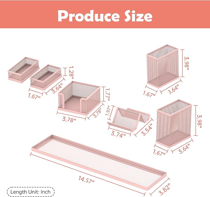 SUPEASY Pen Holder for Desk, 6 Piece Mesh Desk Organizer set for Office Organization with Mail Organizer, Letter Phone Holder, Sticky Notes Caddy Storage, Pink