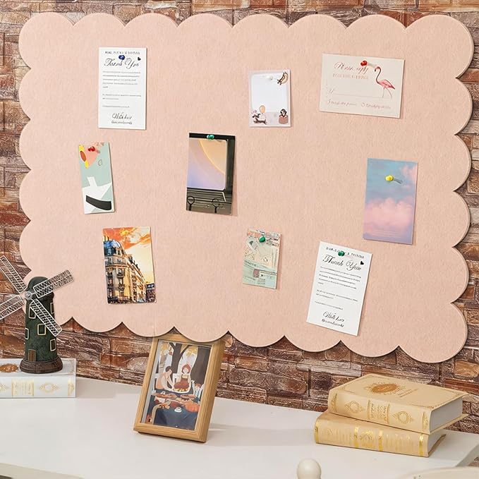 Mooliwe Scalloped Felt Bulletin Board 48 x 36 Inches Foldable Flesh Pink Pin Cork Board Alternative for Wall, 4' x 3' Trifold Picture Vision Self Adhesive Bulletin Decorative