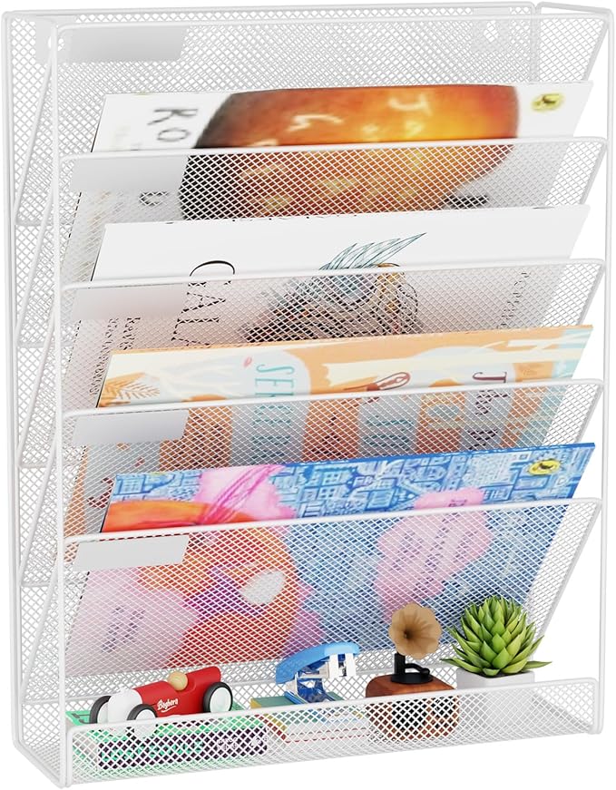GDINDINFAN Wall File Organizer Holder Mesh Hanging Paper Document Holder,Vertical 6 Pocket Tier for Office Home, White