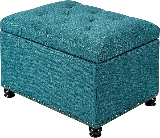Decent Home 24" Storage Ottoman, Fabric Ottoman Foot Rest Stool with Hinged Lid, Tufted Rectangle Upholstered Footstool, Load Up to 350 lb, for Living Room, Bedroom, Dorm, Teal Blue