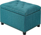 Decent Home 24" Storage Ottoman, Fabric Ottoman Foot Rest Stool with Hinged Lid, Tufted Rectangle Upholstered Footstool, Load Up to 350 lb, for Living Room, Bedroom, Dorm, Teal Blue