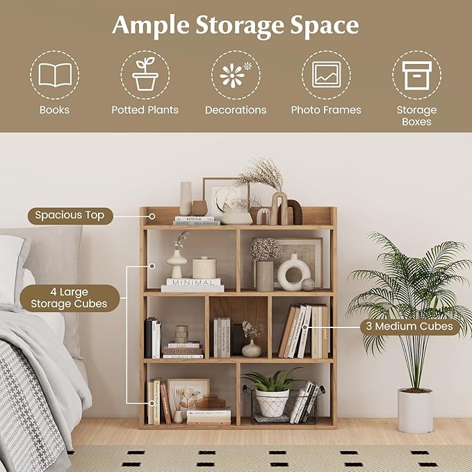 Giantex 7 Cubes Bookshelf, Free-Standing Wooden Bookcase, 4 Tier Home Display Shelf, Horizontal Storage Unit w/Anti-Toppling Devices, Open-Back Display Rack for Study, Living Room (2, Natural)