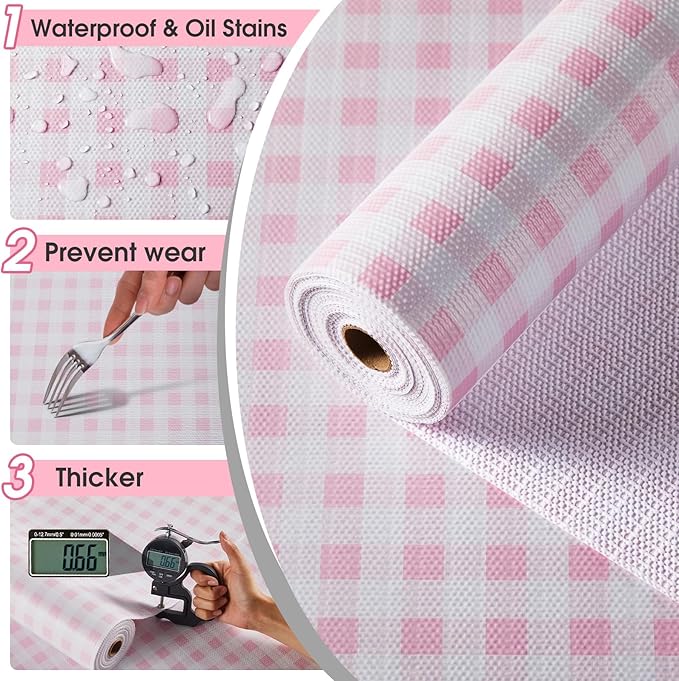 ALIUNI Drawer and Shelf Liner, Non-Slip Kitchen Cabinet Liners Non-Adhesive Thick Strong Grip Waterproof Washable Mats Protect Dresser Shelves Cupboard Bathroom Cabinets, Pink Plaid, 18 in X 10 FT