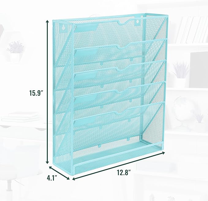 EASEPRES 6 Tier Mesh Hanging Wall File Organizer, Desk Vertical Mail Paper Document Folder Holder Rack with Bottom Tray and Nametag Label for Office Home School, Blue