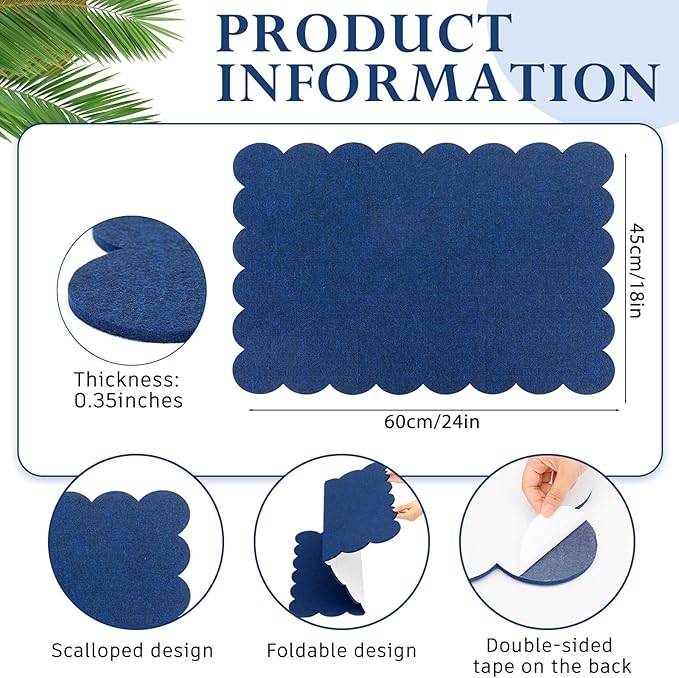 Mooliwe Scalloped Felt Bulletin Board 24 x 18 Inches Foldable Dark Blue Pin Cork Board Alternative for Wall, 2' x 1.5' Trifold Picture Vision Self Adhesive Bulletin Decorative