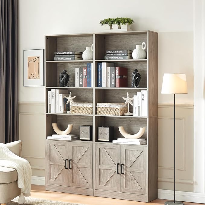 RWYHG 70in Tall Bookshelf 6 Tier Bookcase with Barn Doors and Adjustable Shelf, Oak Grey Farmhouse Book Shelves with Storage Cabinet, Wood Floor Standing Display Bookshelve for Bedroom, Living Room
