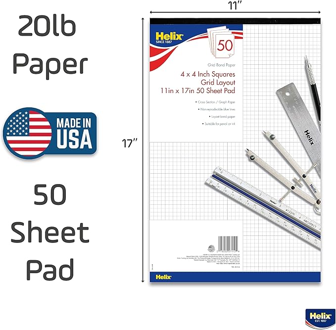 Helix - Bond Paper Pad - 1 Inch Equals 4x4 Grid - 11 Inch x 17 Inch - 50 Sheet Pad - Acid-Free - Drafting, Art, Sketching and Tracing