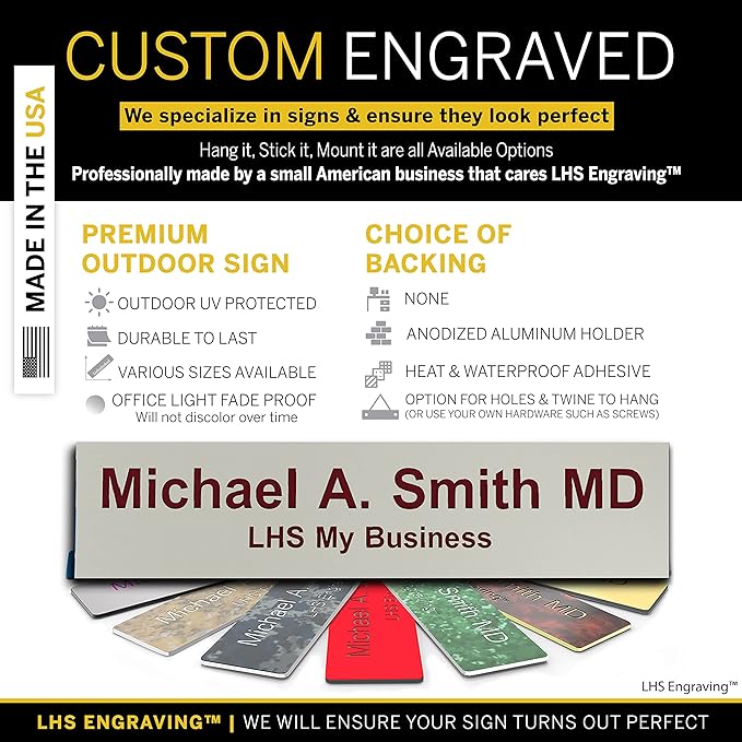 Personalized Name Plate with Choice of Mounting Holders for Walls, Doors, Cubicles, Hanging and More - Custom Light Gray Plastic Burgundy Letters - USA Made 2x6 - B21
