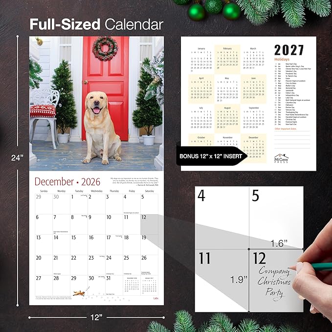 MICASA PRESS Labs 2026 Wall Calendar 12 Month | 12" x 24" Open | Thick & Sturdy Paper | Holiday Gift | Cute Labrador Retriever Puppy Dog Calendar 2026