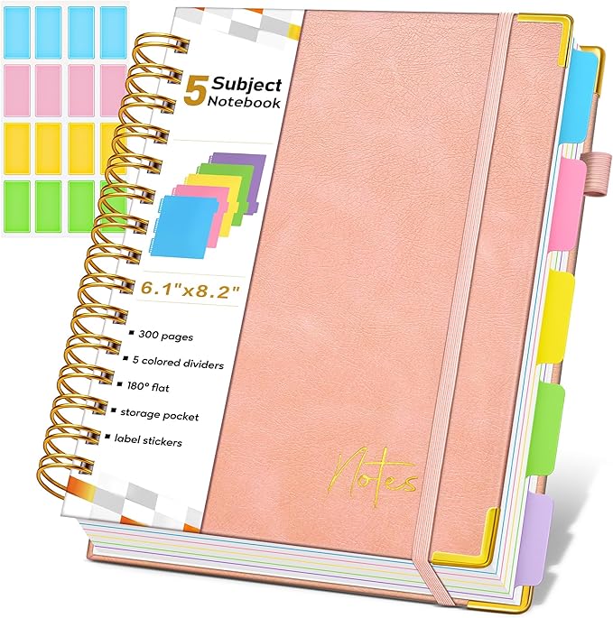 Spiral Notebook Journal with Removable Dividers Tabs, 300 Pages Hardcover Leather 5 Subject College Ruled Notebook, 6.1"x8.2" Large A5 Lined Journal for Women Men Spiral Notebook for Work School,Pink