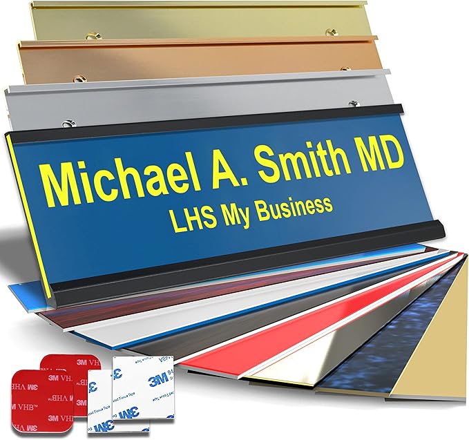 Custom Name Plate for Doors, with Choice of Mounting Holders for Walls, Doors, Cubicles, Hanging and More - Personalized Blue Plastic Yellow Letters - USA Made 2x6 - B20